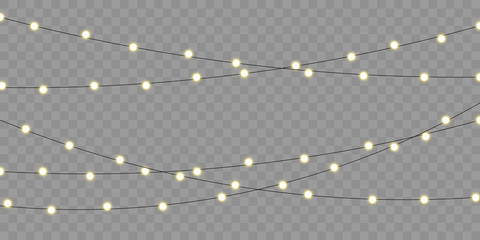 Christmas lights vector isolated element for holiday celebration greeting card. Xmas, birthday or festival celebration lamp lights on transparent background