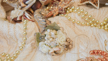 Christmas toys on a knitted background