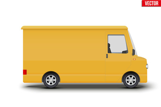 Original vintage postal yellow van. Cargo and delivery retro minibus transportation. Editable Vector illustration Isolated on white background.