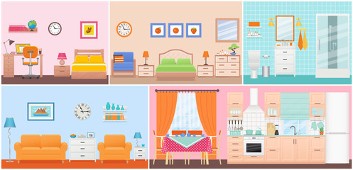 Room interiors. Vector. Living room, bedroom, bathroom, nursery, dining, kitchen in flat design. Home inside. Cartoon domestic apartment with window. House hotel equipment, furniture. Set illustration