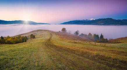 The road in a mountains to the foggy valley