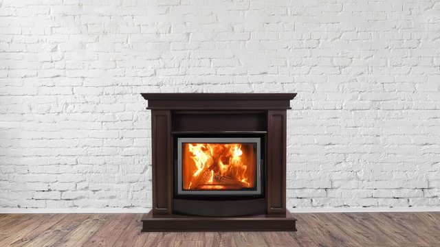 Classic burning fireplace in the interior. Brick wall background
