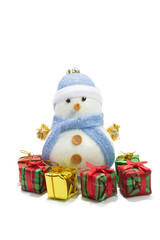 snow man doll with gift boxs isolated white background.