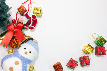 snow man doll christmas tree with gift box isolated white background.
