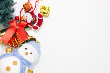 snow man doll with christmas tree isolated white background.