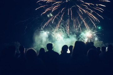 Crowd watching fireworks and celebrating new year eve