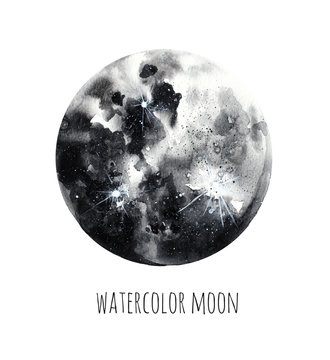 Watercolor moon on white isolated background