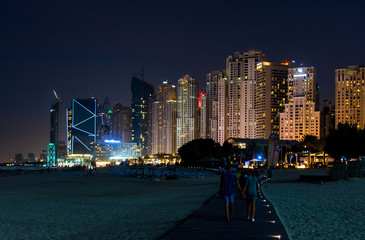 Night view of JBR, Jumeirah Beach Residence popular beach resort in Dubai