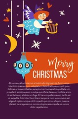 Merry Christmas, angel holding harp flying girl child