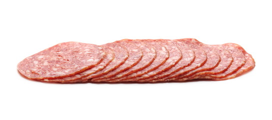 Salami sausage slices isolated on white background