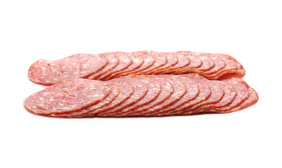 Salami sausage slices isolated on white background