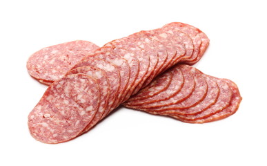 Salami sausage slices isolated on white background