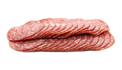 Salami sausage slices isolated on white background