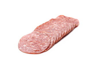 Salami sausage slices isolated on white background