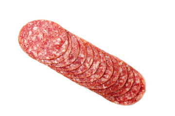 Salami sausage slices isolated on white background, top view