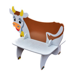 Funny baby little wooden bench in the cows' background on the playground with rubber coating