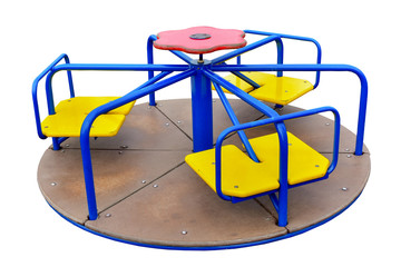 Blue carousel in the playground. The concept of childhood, parenting, games.