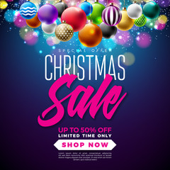 Christmas Sale Design with Multicolor Ornamental Ball on Blue Background. Holiday Vector Illustration with Special Offer Typography Elements for Coupon, Voucher, Banner, Flyer, Promotional Poster or