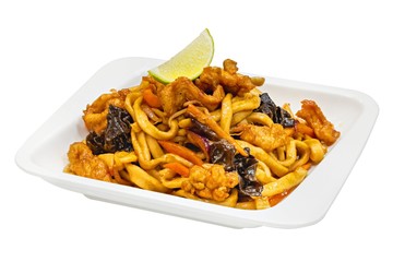 Wok, Chinese food on white background