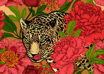 Nahtloses Blumenmuster mit Leopard und Pfingstrosen. © marinavorona