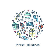 Merry christmas vector illustration. Doodle vector set of gift boxes in circle shape decorated by lettering. Christmas card, banner template.