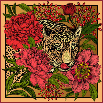 Print with animal leopard and flowers peonies.