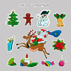 Christmas sticker set. Vector hand drawn clip art. 