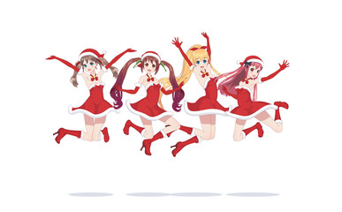 Joyful anime manga girls as Santa Claus in a jump