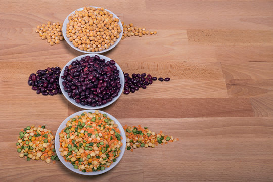 The concept of natural healthy food. Grains of various leguminous plants close up