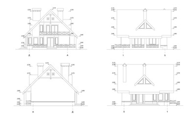 Set of private house facades, detailed architectural technical drawing, vector blueprint
