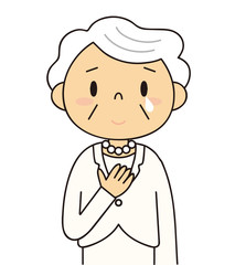 二頭身　白髪の女性　シニア　微笑みを浮かべ泣いているおばあちゃん　白いスーツ　冠婚葬祭