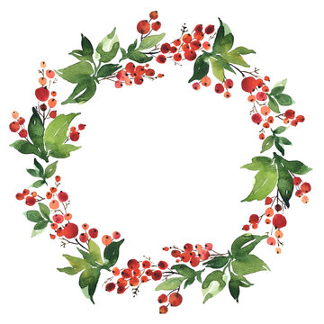 Christmas Watercolor wreath of holly berries