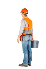 builder with toolbox and  looking at camera