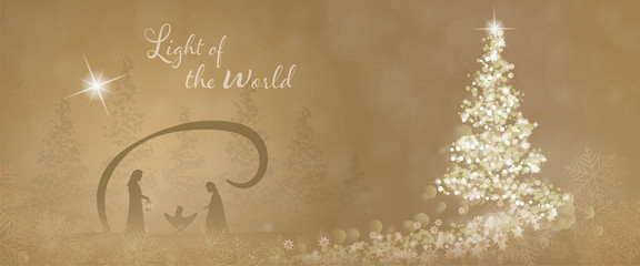 Christmas time. Christmas tree with stars and snowflakes in golden winter landscape. Text : Light of the world