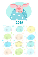 Obraz premium Cute calendar with cartoon pig, New Year 2019.