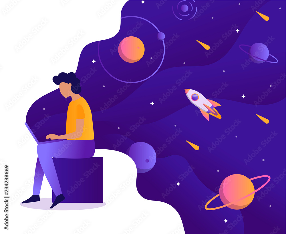 Fototapete A man works at a laptop in which space. Web development business concept. Creativity, programming, creation of new websites and applications.  Flat vector illustration.