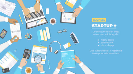 Businessman team discuss project startup, investment, financial planning, agreement, analysis data, realization, success. Documents, graphics, business guide, report.  Top view of people hands. Vector