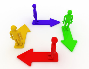 People Standing On Color Arrows . 3d rendered illustration