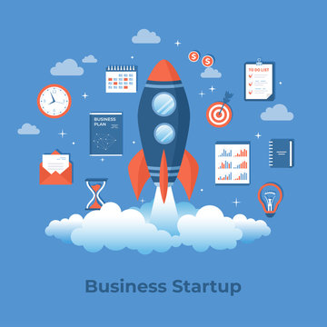 Business project startup, financial planning, idea, strategy, management, realization and success. Rocket launch with documents, plan, clock, hourglass, target, money, coins, calendar. Vector  