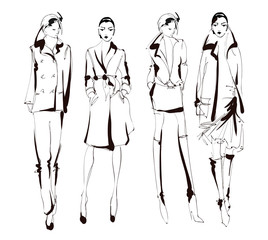 Sketch. Fashion Girls on a white background. Vector illustration