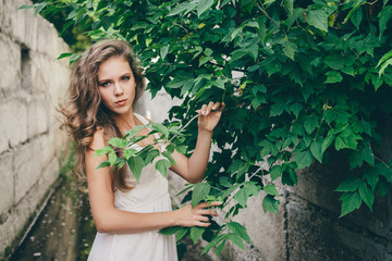 Beautiful happy girl with curly natural hair in white dress near green tree leaves. Summer beauty portrait. Dreamer lady enjoy nature. Inspired woman with dreamy sight in long tunnel in forest.