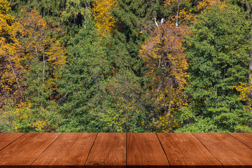 Naklejka na ściany i meble View to the beautiful autumn landscape from dark wooden table
