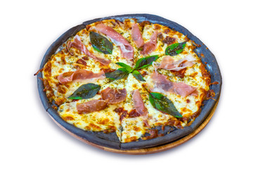 traditional italian Black pizza with  salami cheese on a white background, clipping path.