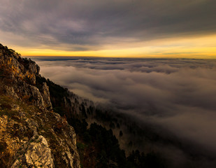 Fototapeta na wymiar beuatiful landscape of the mountain at Hohe Wand in front of with sea of fog in Austria.