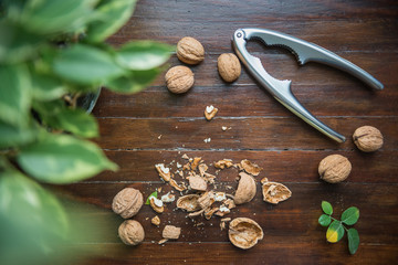 whole walnuts on wooden background top view healthy concept