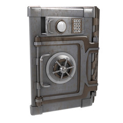 large iron open safe with two doors on an isolated white background. 3d illustration