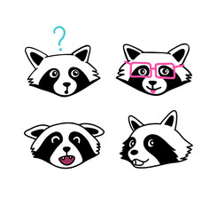 Hand drawn raccoon faces set vector illustration
