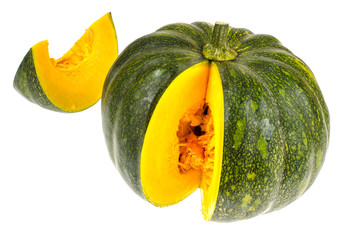 Sliced round ripe pumpkin, isolated on white background