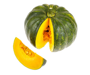 Sliced round ripe pumpkin, isolated on white background