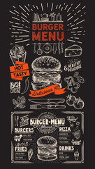 Burger restaurant menu on chalkboard background. Vector food flyer for bar and cafe. Design template with vintage hand-drawn illustrations.